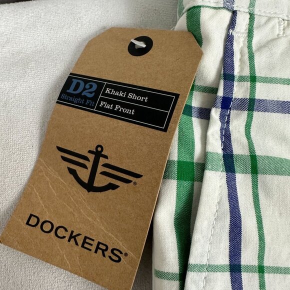 Docker Khaki Short Flat Front Straight Fit Mens Plaid 38" Waist Green & Blue - Picture 2 of 7